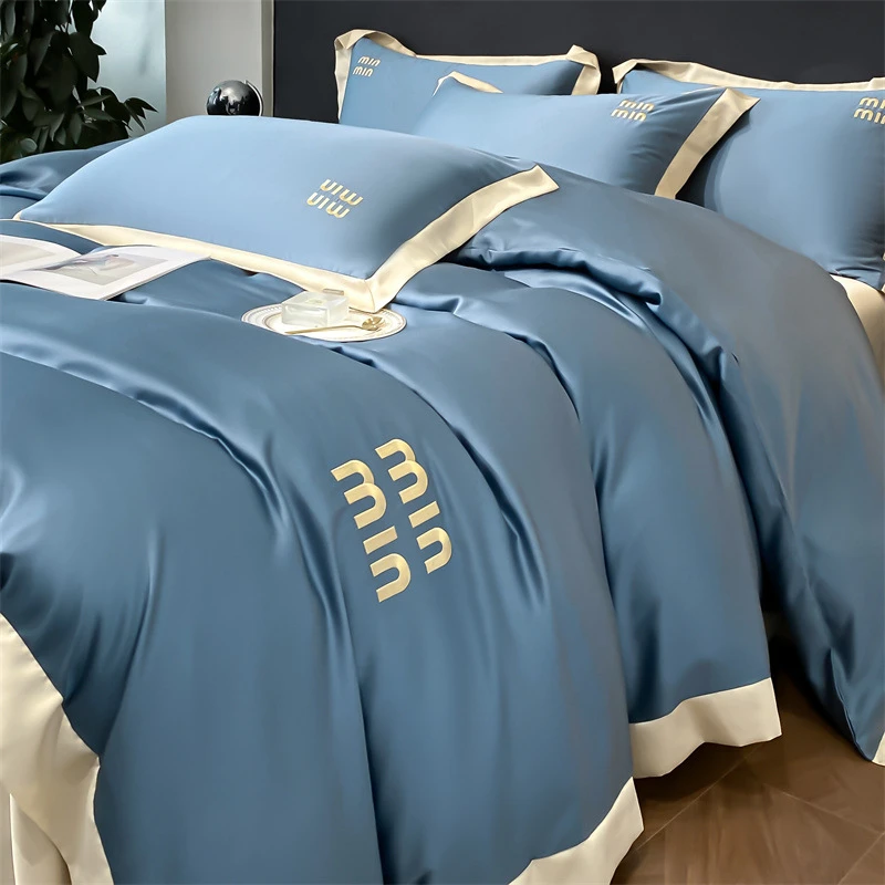 轻奢高级感水洗真丝四件套冰丝滑裸睡简约刺绣被套床单床上三件套