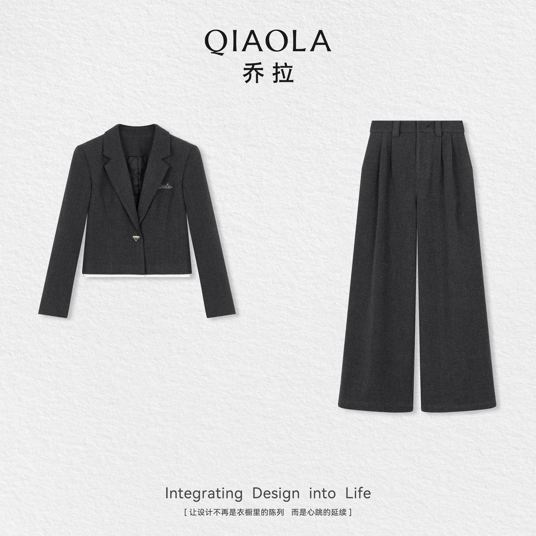 QIAOLA/乔拉【暮色时分】秋季梭织经典西装领设计刺绣简约外套长裤