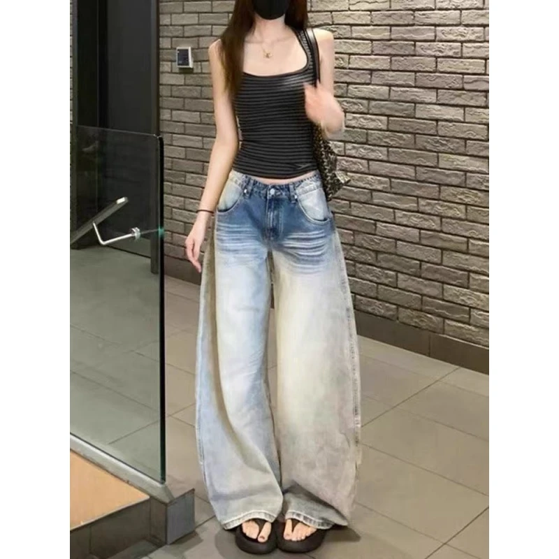 浅色水洗猫须低腰阔腿牛仔裤女2025新款宽松显瘦直筒垂感拖地裤子