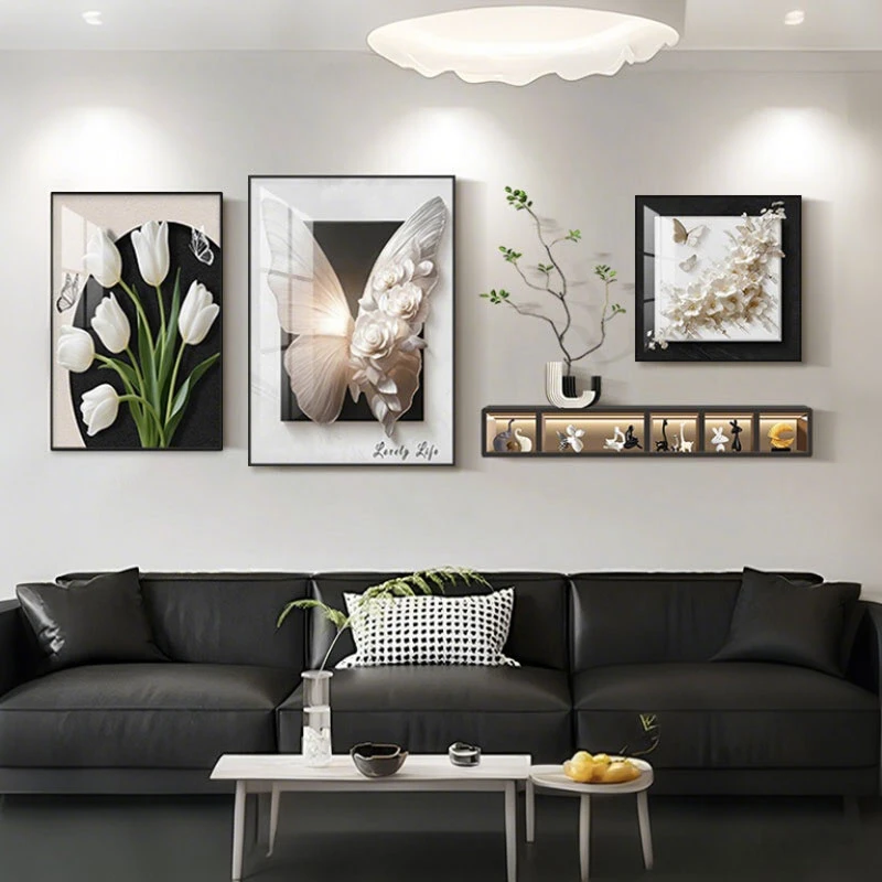 现代简约客厅装饰画黑白蝴蝶沙发背景墙挂画白墙黑灰沙发高级壁画