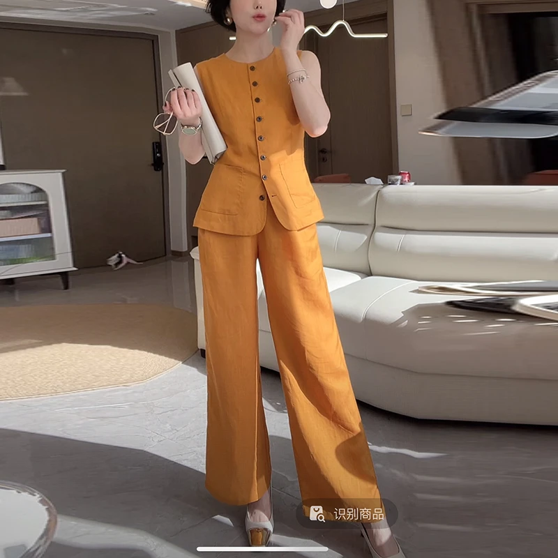 天丝亚麻老钱风套装女无袖马甲+时尚阔腿长裤两件套夏季薄款减龄