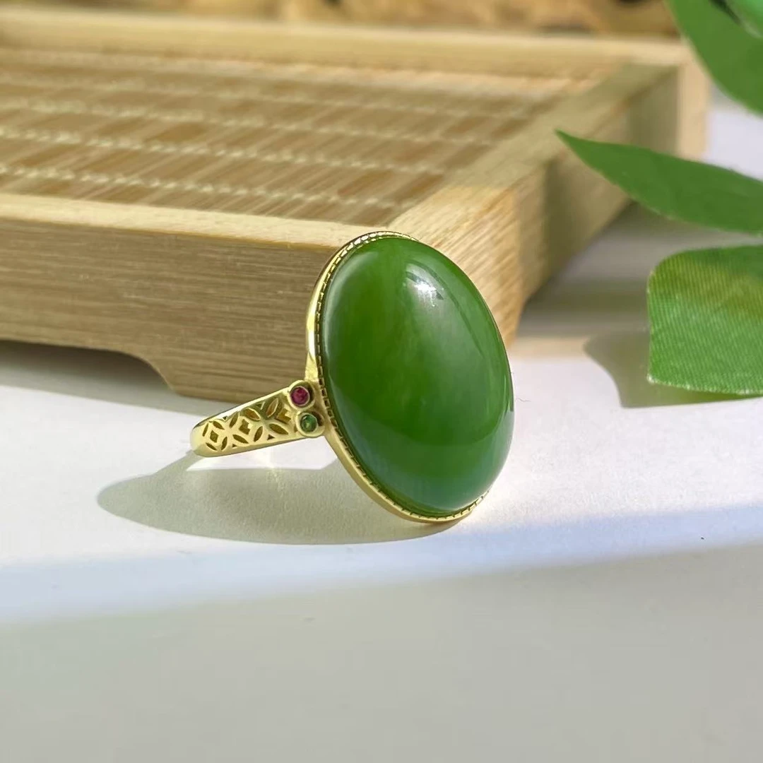 天然和田玉老坑碧玉大蛋面银戒戒指满绿饱满S925银镶嵌尺寸20女戒
