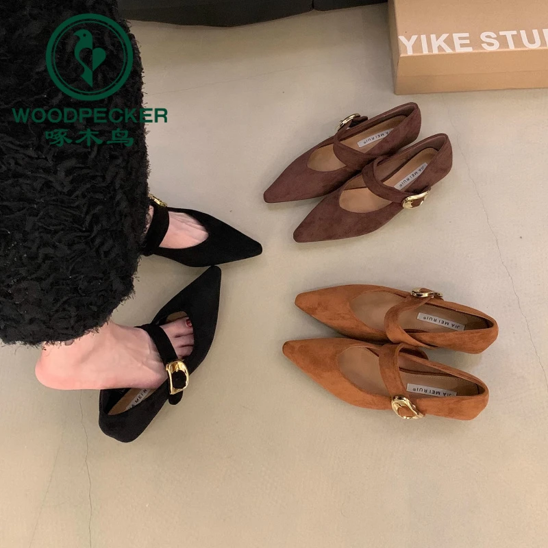 啄木鸟2025绒面尖头浅口单鞋女春秋新款韩版法式温柔仙女玛丽珍鞋