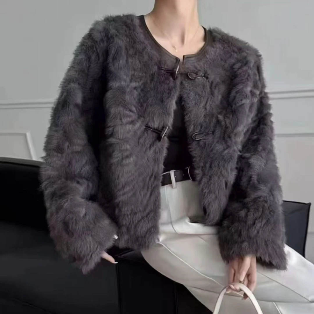 小湖洋时尚紫灰小香风马蹄袖毛毛一体外套气质Z百搭休闲短款25077