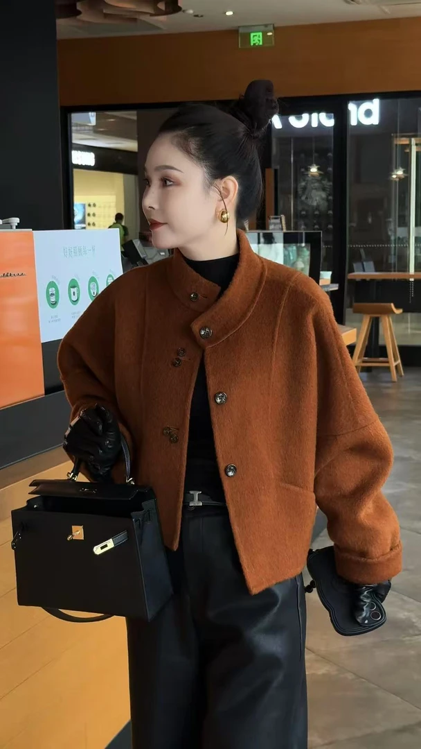【焦糖梦影】秋冬保暖女落肩袖毛呢外套直下摆轻职风短款长袖做旧