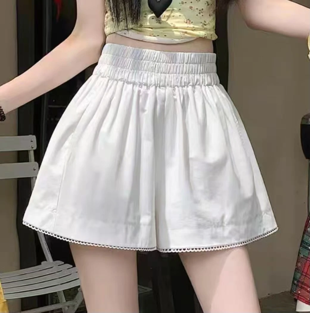 【纯棉-做过洗水-后期不缩水】松紧腰小花边女夏新款高腰阔腿短裤