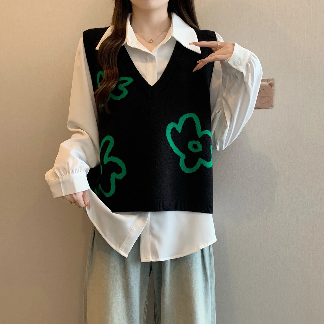 清大码2025春胖mm针织马甲叠穿毛衣背心长袖衬衫套装68638+62158