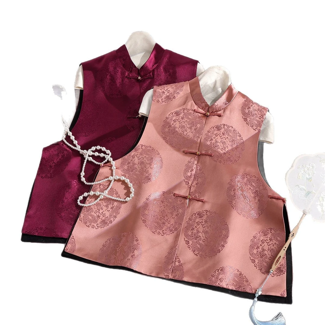 深圳南油高货织锦缎龙纹提花国风叠穿马甲新款中式盘扣唐装马夹女