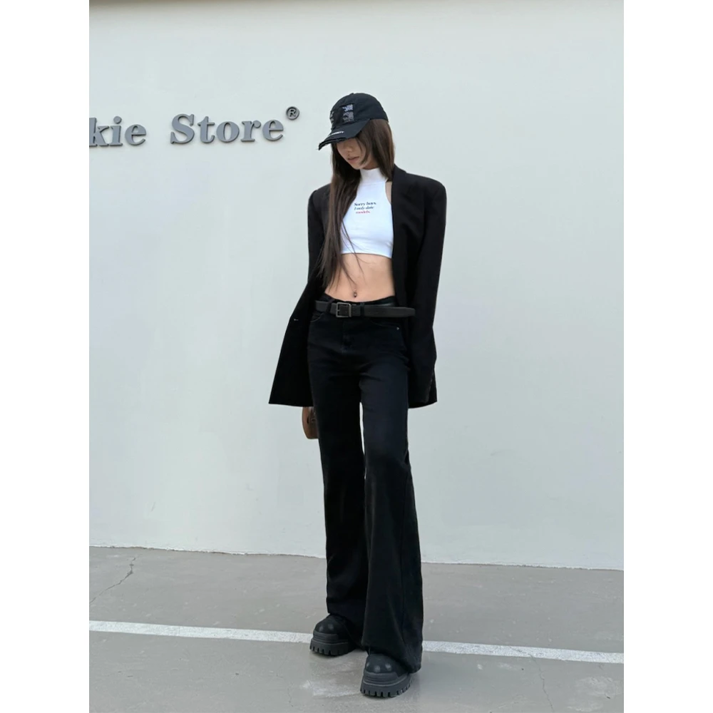 IFMR【黑牛中腰】裤子女款爆款时尚新款辣妹气质显瘦黑色微喇牛仔裤