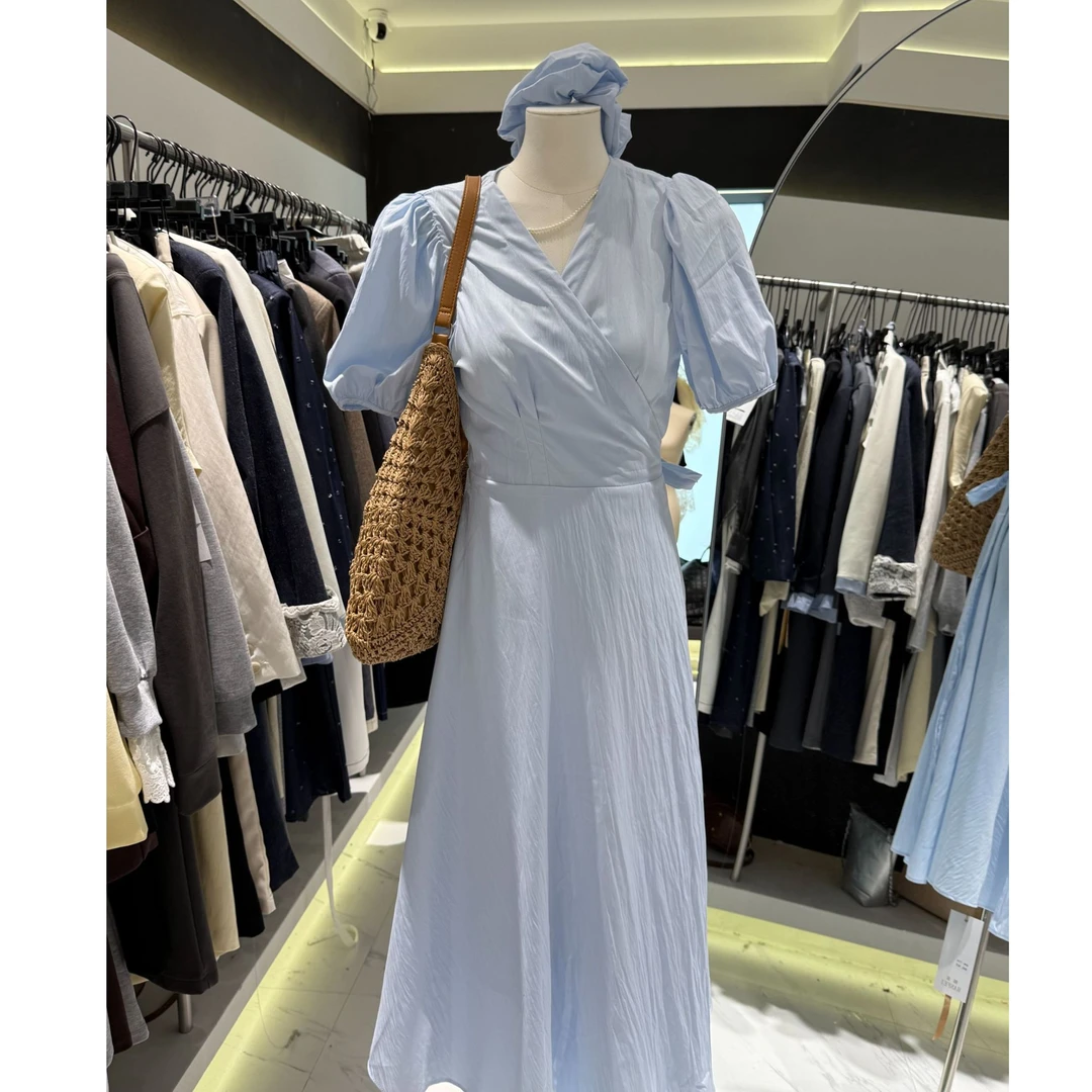 【格子家】时尚修身简约气质连衣裙收腰V领长裙轻奢夏季7725