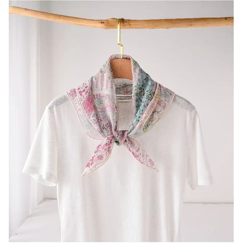 薄款乔其纱100%桑蚕丝花海丝巾约65cm手工卷边