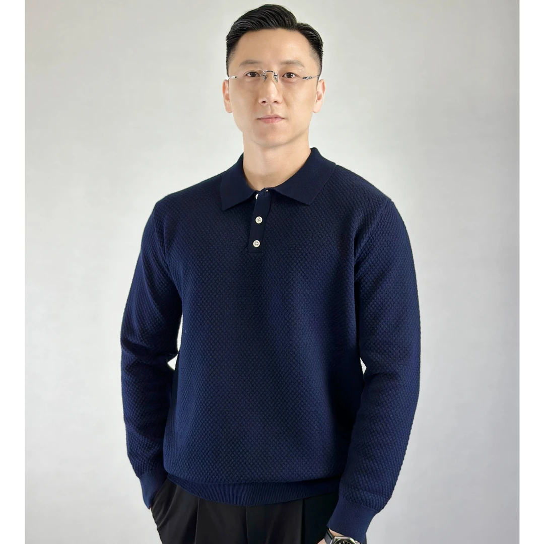 2025秋季新款菠萝针长袖棉针织衫纽扣翻领毛衫男士宽松老钱风毛衣
