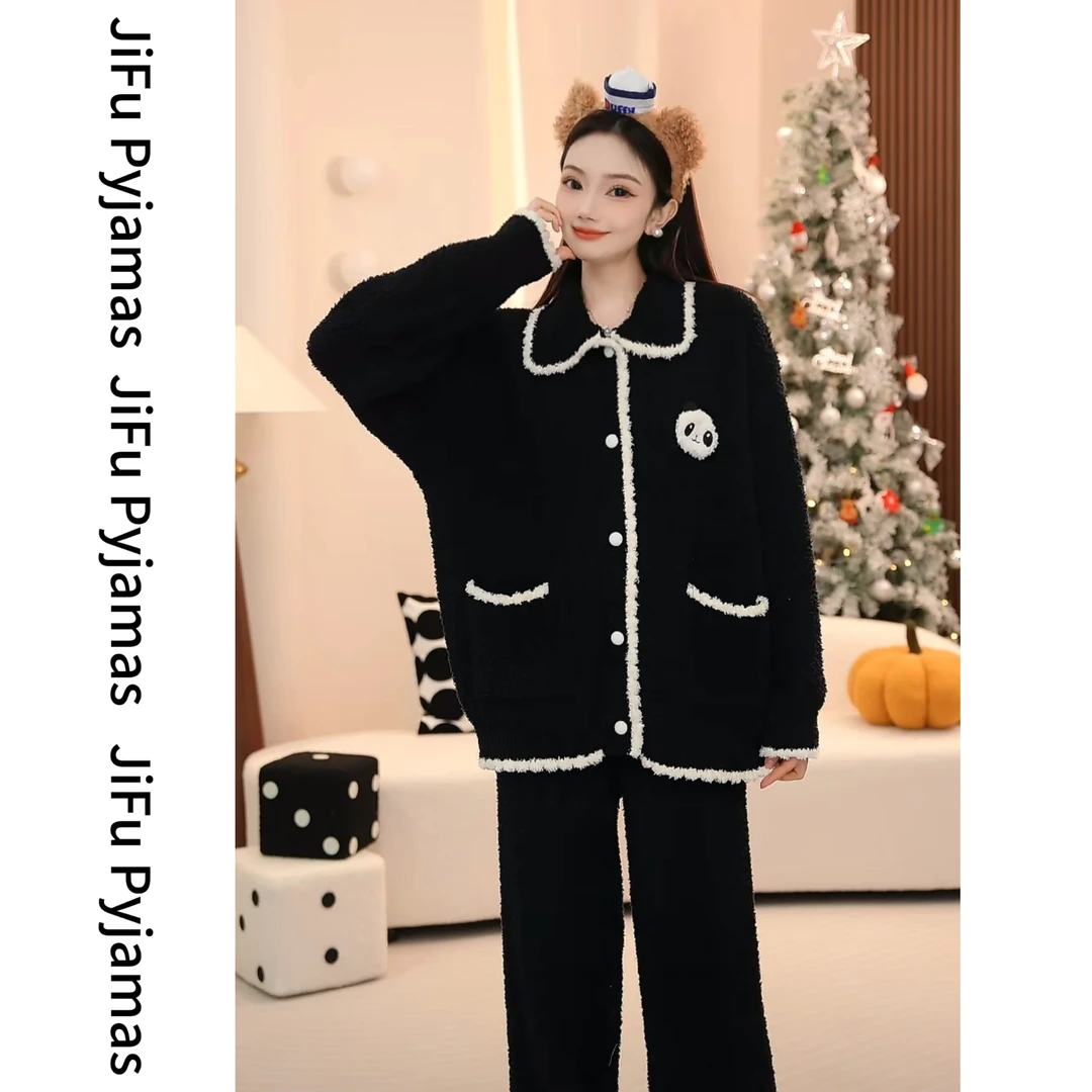 【熊猫塔塔】冬季加厚保暖半边绒软绵绵家居服宽松加绒睡衣女套装