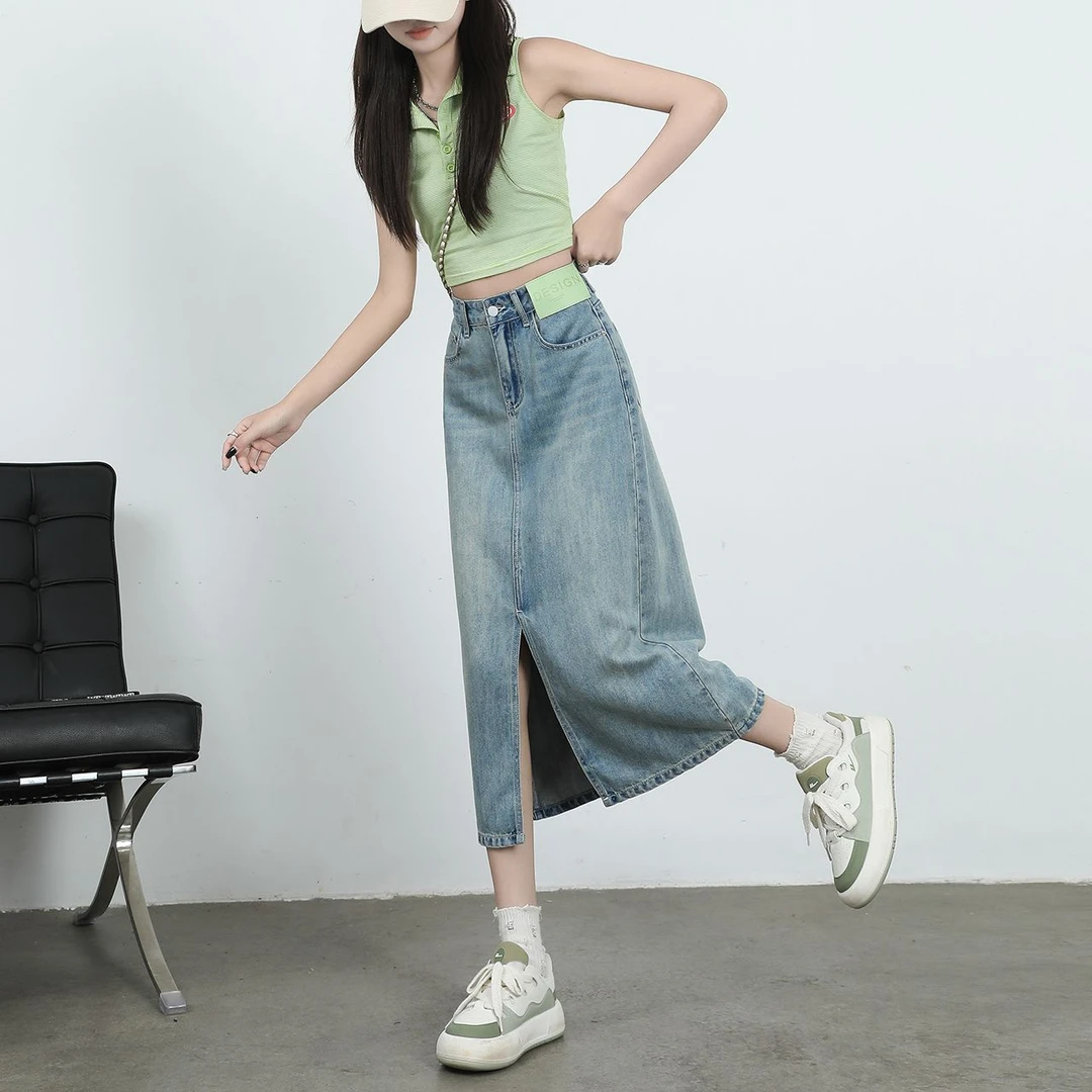 高腰ins垂坠感轻薄复古牛仔裙女春夏秋新款显瘦百搭中长裙女潮
