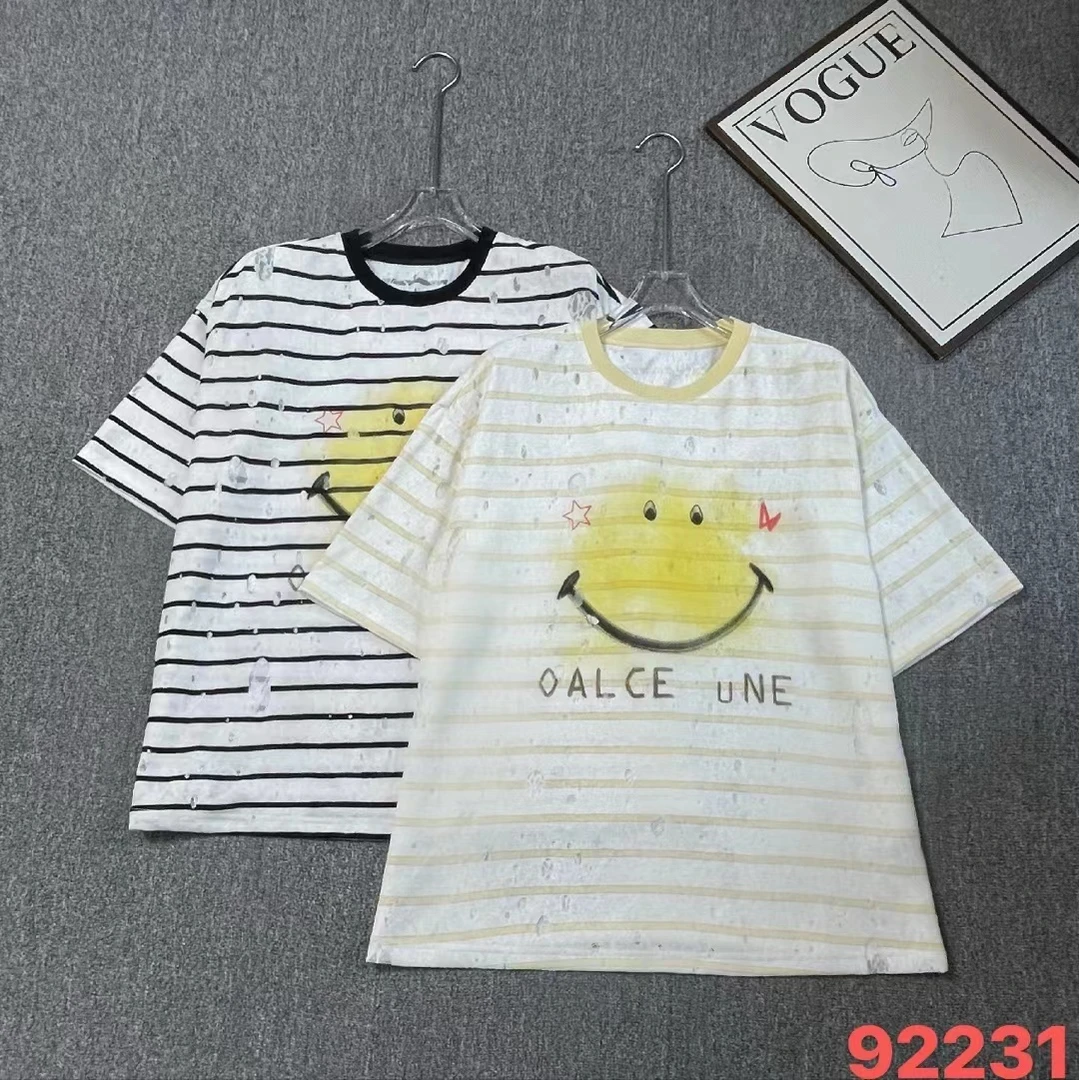 Mozch 【衣长】超柔软镂空蕾丝设计小众款微笑脸撞色条纹T恤92231