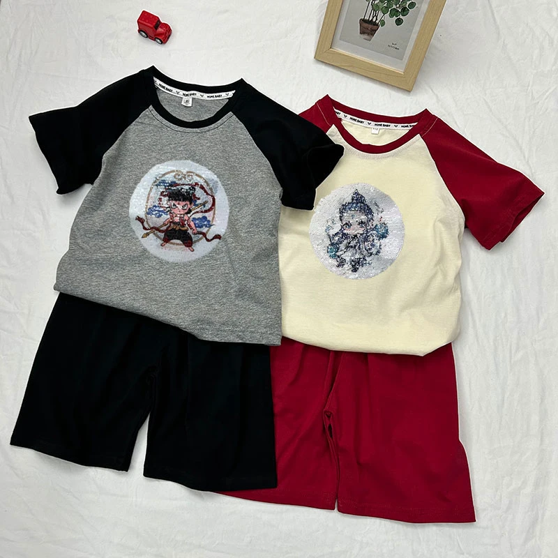 男童纯棉套装夏季儿童2025新款女宝宝短袖亮片变色潮款休闲两件套