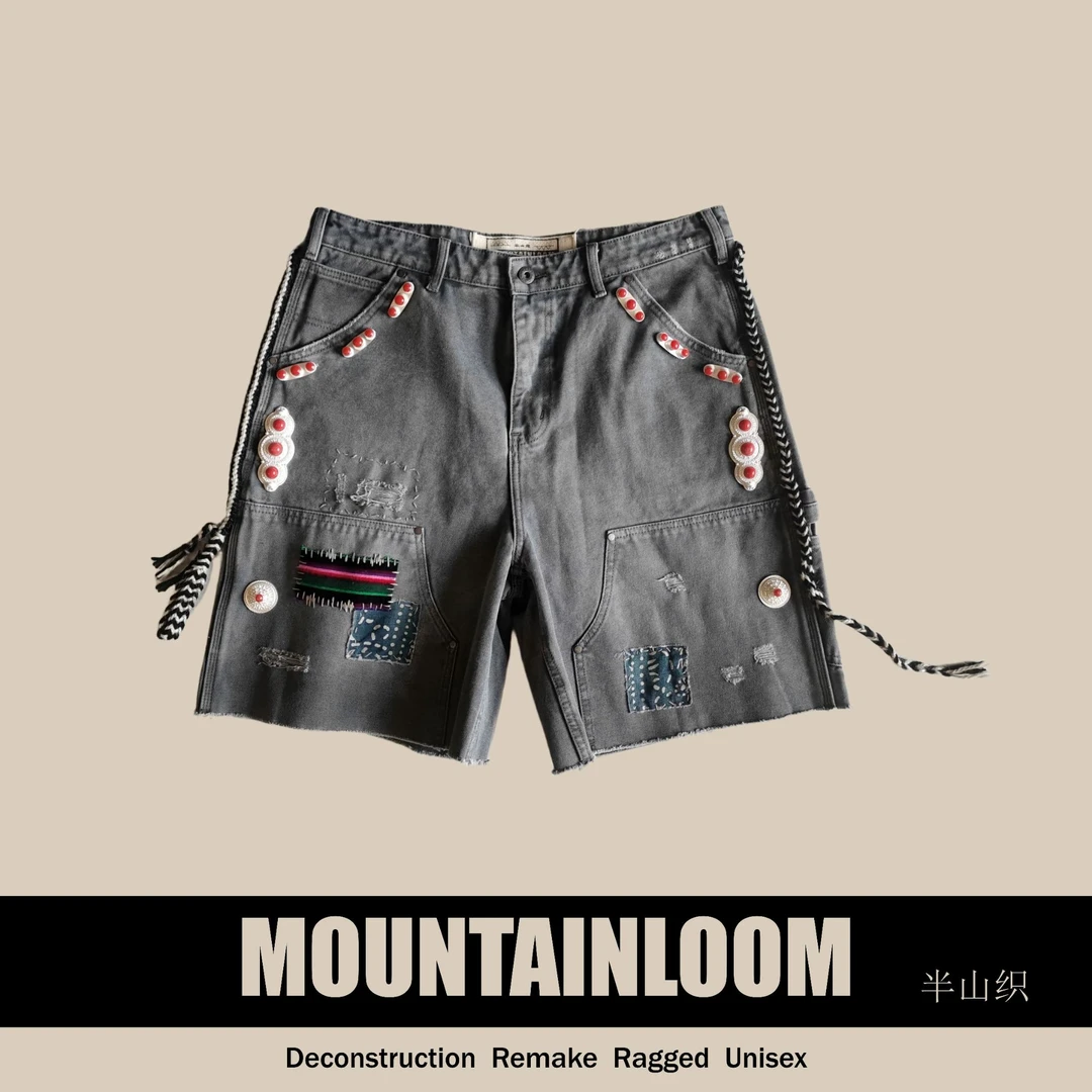 [康巴】乌朵藏式重磅帆布短裤夏季裤子破洞牛仔裤直筒宽松潮流百搭