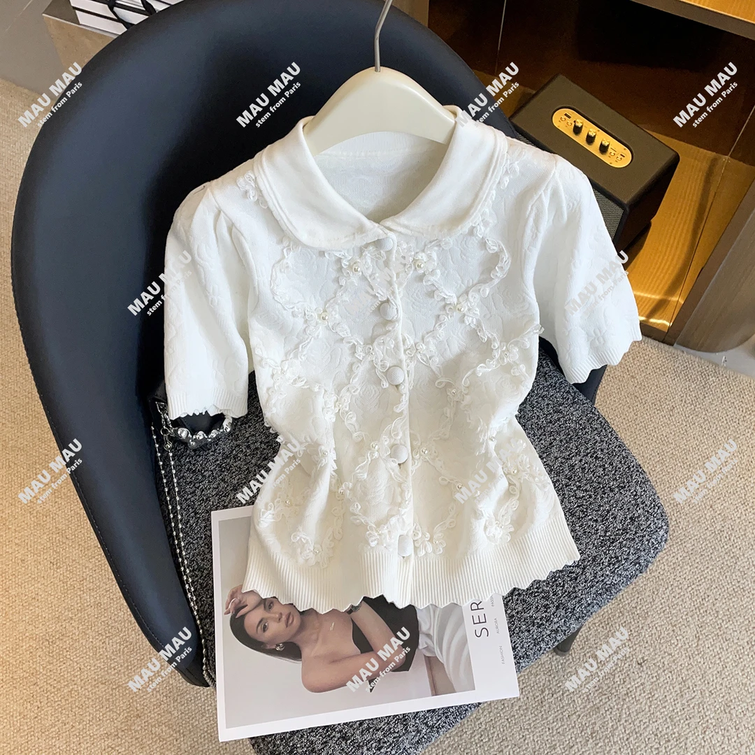 新款甜美绣花娃娃领短袖针织开衫上衣女设计感小众上衣DY8607