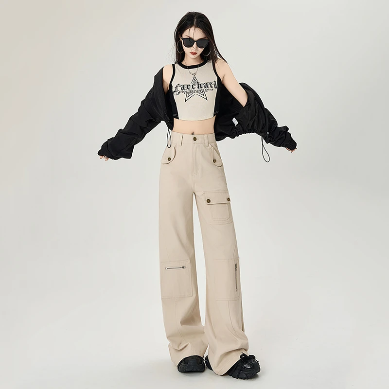 LDM/靓迪梦设计感黑色工装裤女直筒百搭高腰宽松微喇阔腿休闲裤