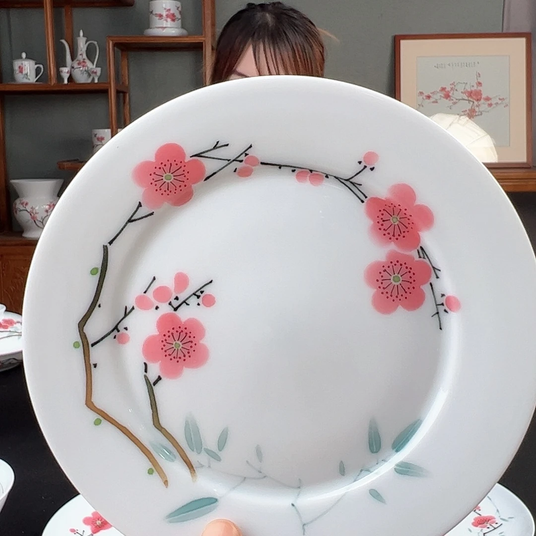 瓷翠竹红梅6寸平盘，微瑕沉底