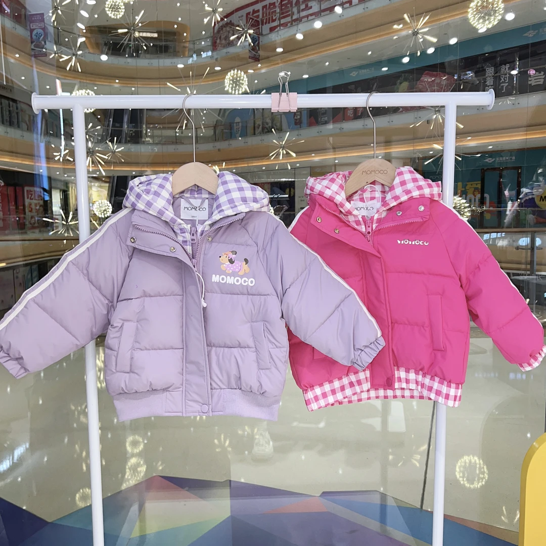 MOMOCO冬季女童新款时尚假两件格纹连帽棉服外套75830101153&09
