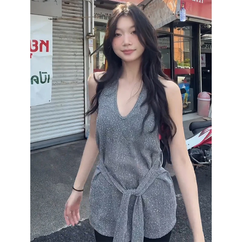 高端洋气灰色V领针织小吊带背心女夏季独特漂亮外穿无袖坎肩上衣