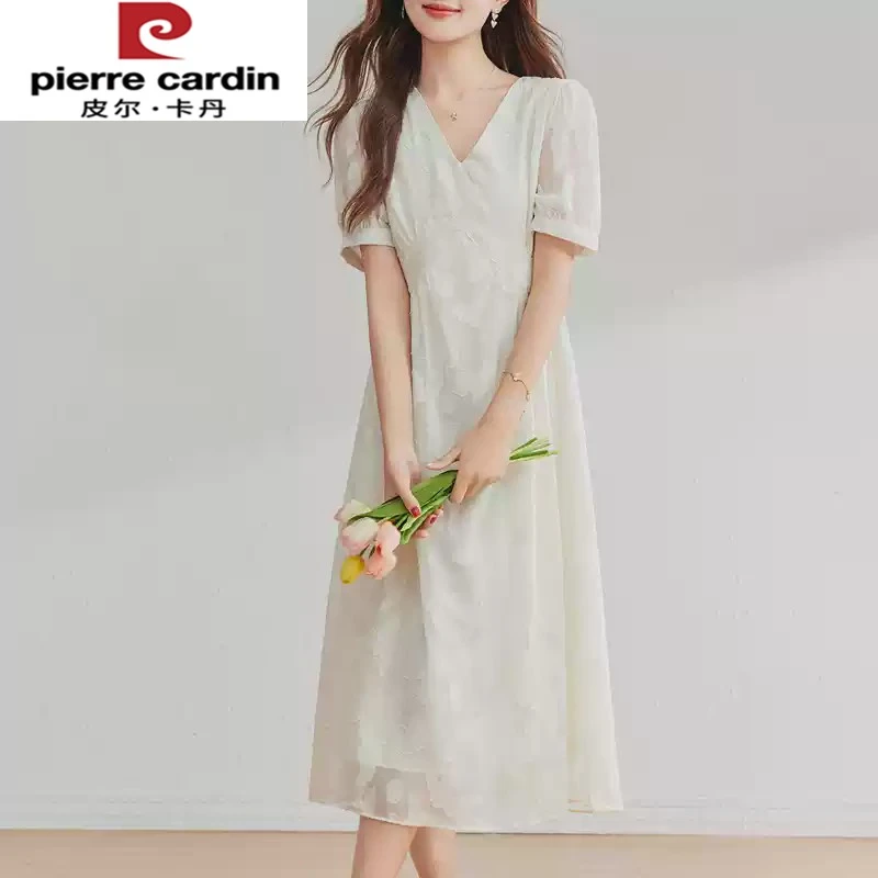 皮尔卡丹法式白色v领连衣裙女新款夏季时尚收腰遮肉显瘦蕾丝刺绣