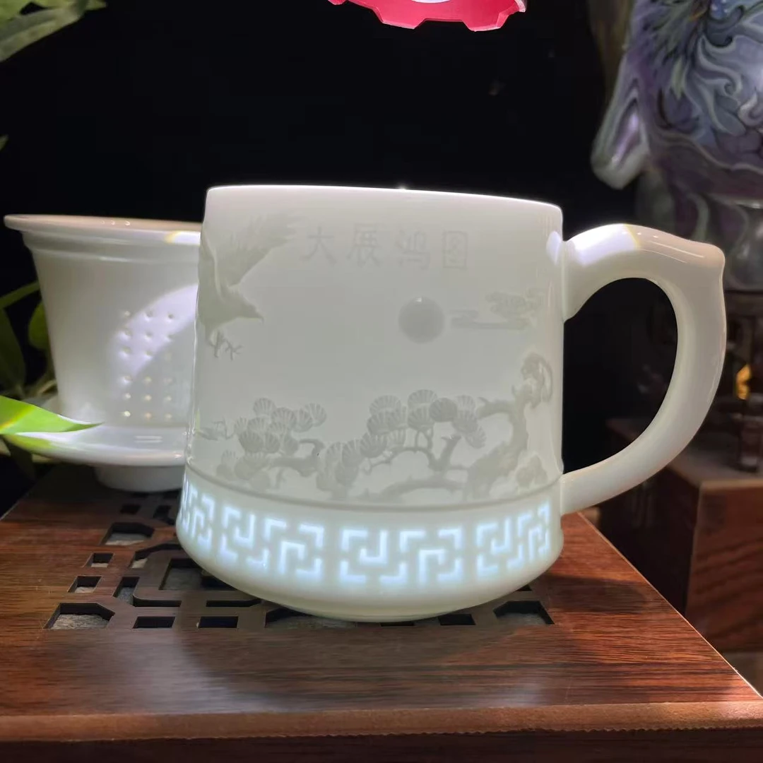 景德镇陶瓷影青大展宏图玲珑浮雕茶杯家用办公室高档马克杯