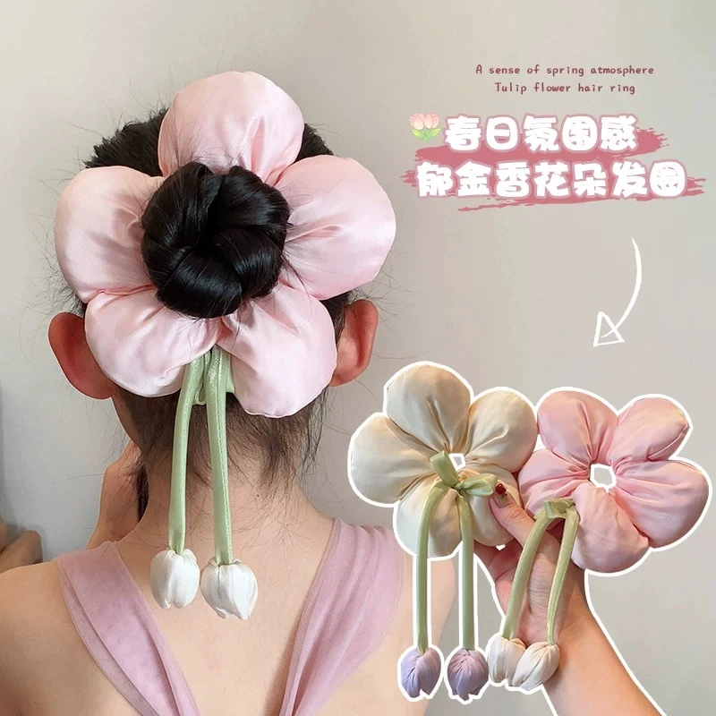 儿童粉色花朵发圈女童立体头花扎丸子头发绳小女孩高级扎头发发饰