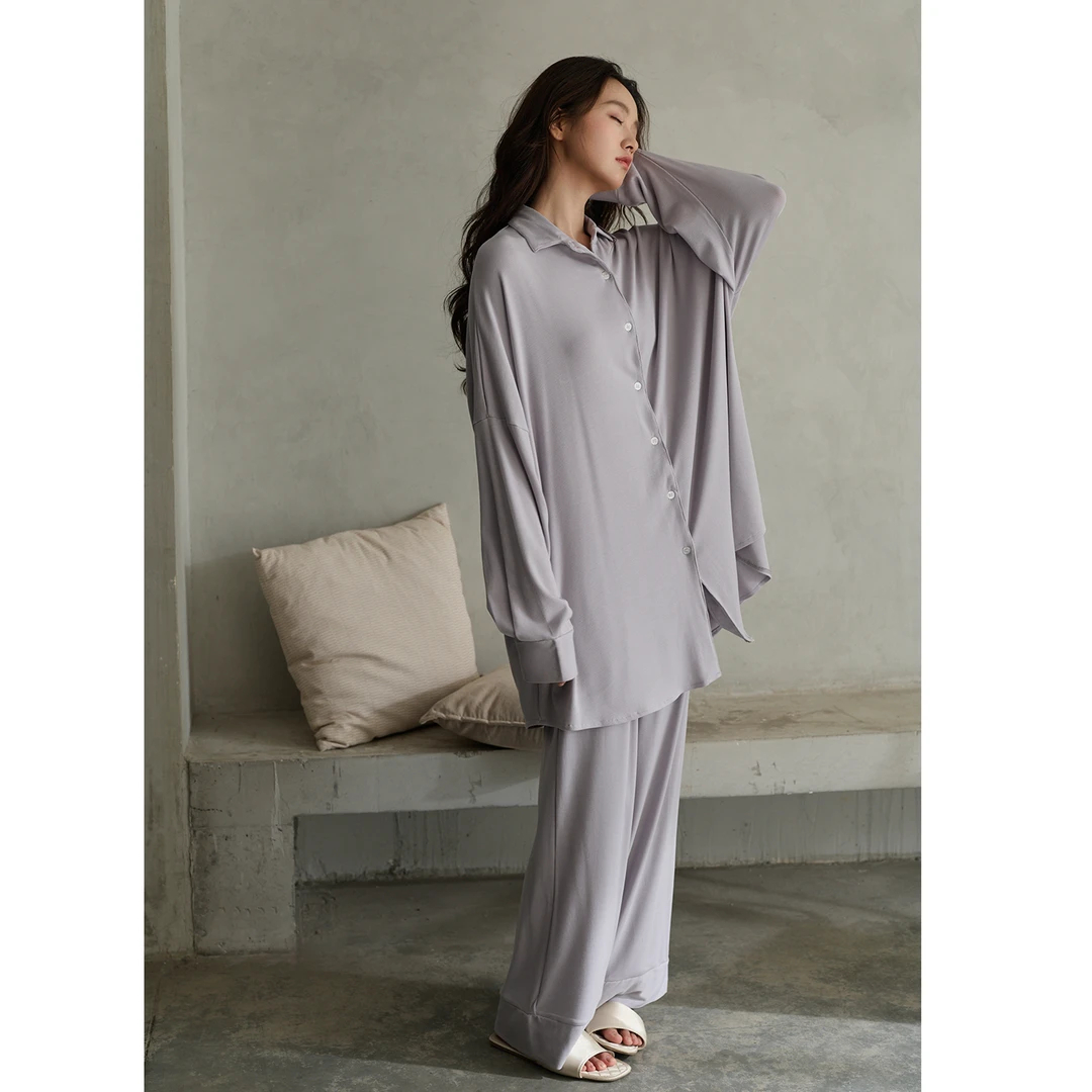 美腾春秋款睡衣女士长袖莫代尔棉纯色宽松翻领家居服长裤套装简约
