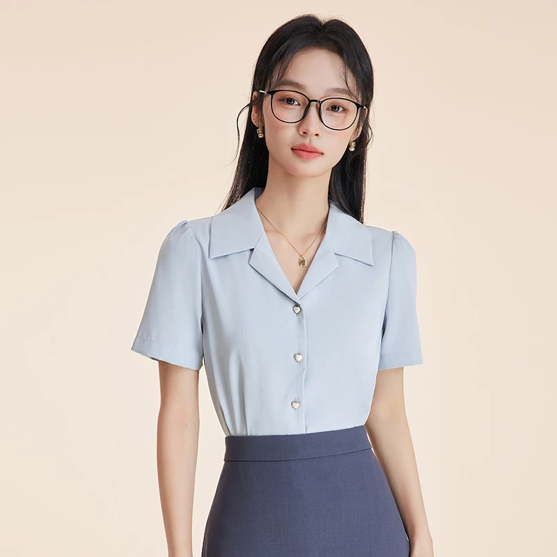 短袖蓝色衬衫女夏季2025新款高级感教资面试工装上衣翻领雪纺衬衣