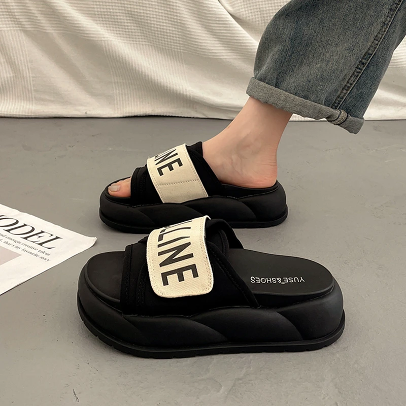 韩版厚底增高外穿拖鞋逛街购物百搭款夏季清凉透气法式复古简约风