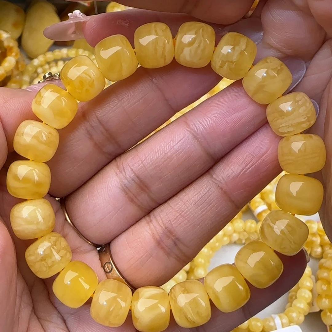 蜜蜡未镶嵌手链鸡油黄虎皮妖花老型手串