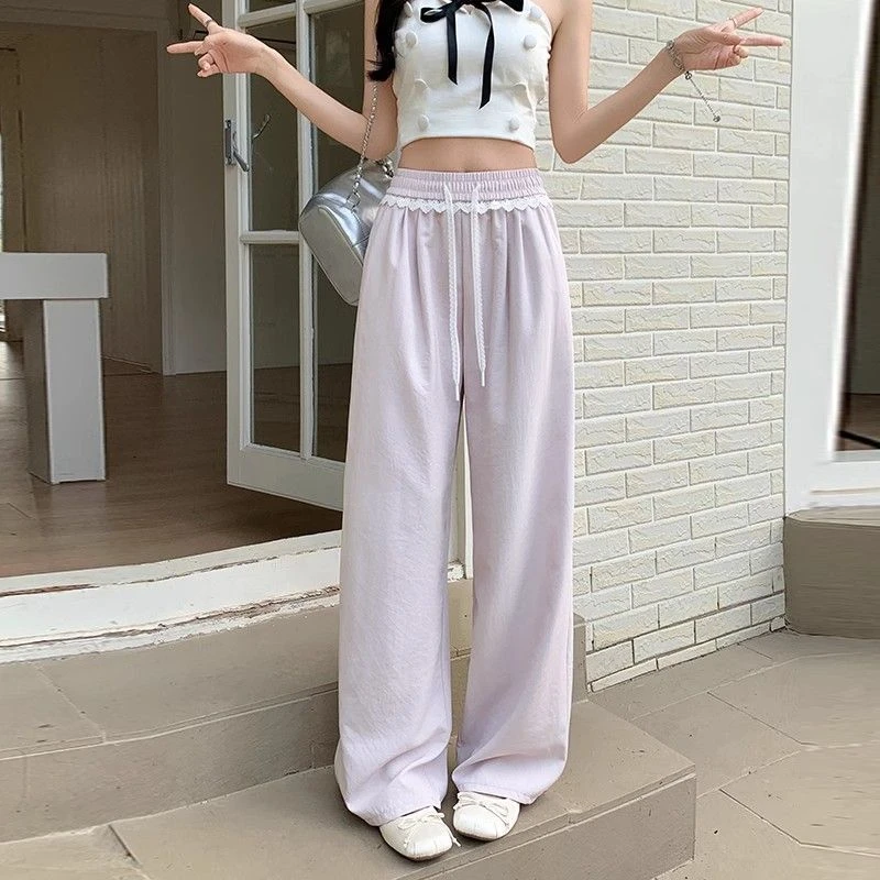 夏季薄款休闲直筒裤2025新款蕾丝花边山本裤女宽松显瘦垂感阔腿裤