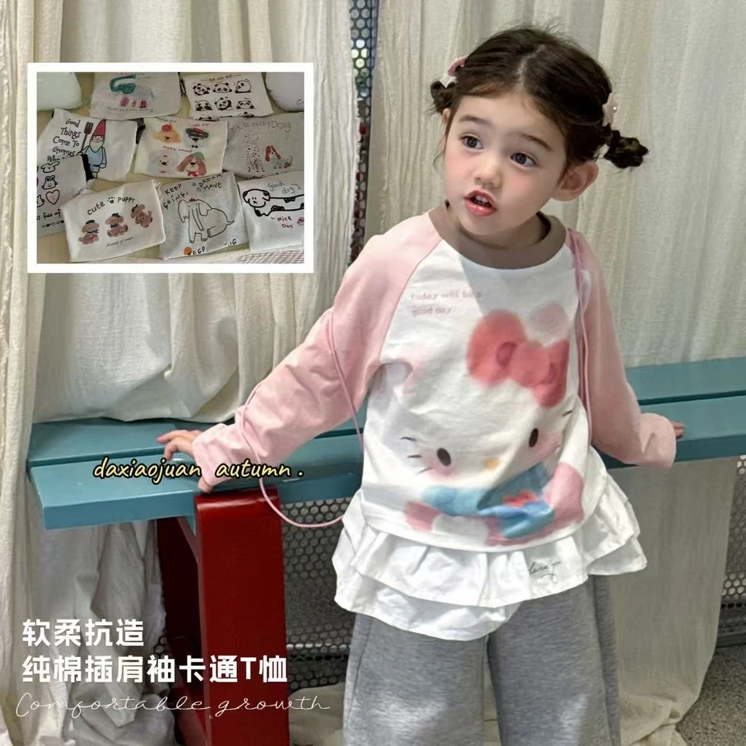 甜美儿童春秋纯棉T恤圆领新款女宝洋气撞色插肩袖女童长袖上衣潮