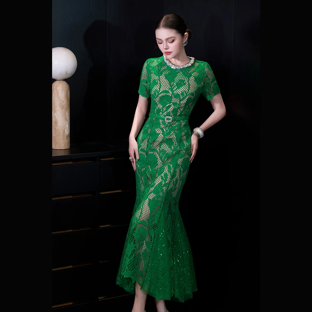 法式轻奢高级感精致镶钻领边拼接亮片网纱水溶花连衣裙长裙鱼尾裙