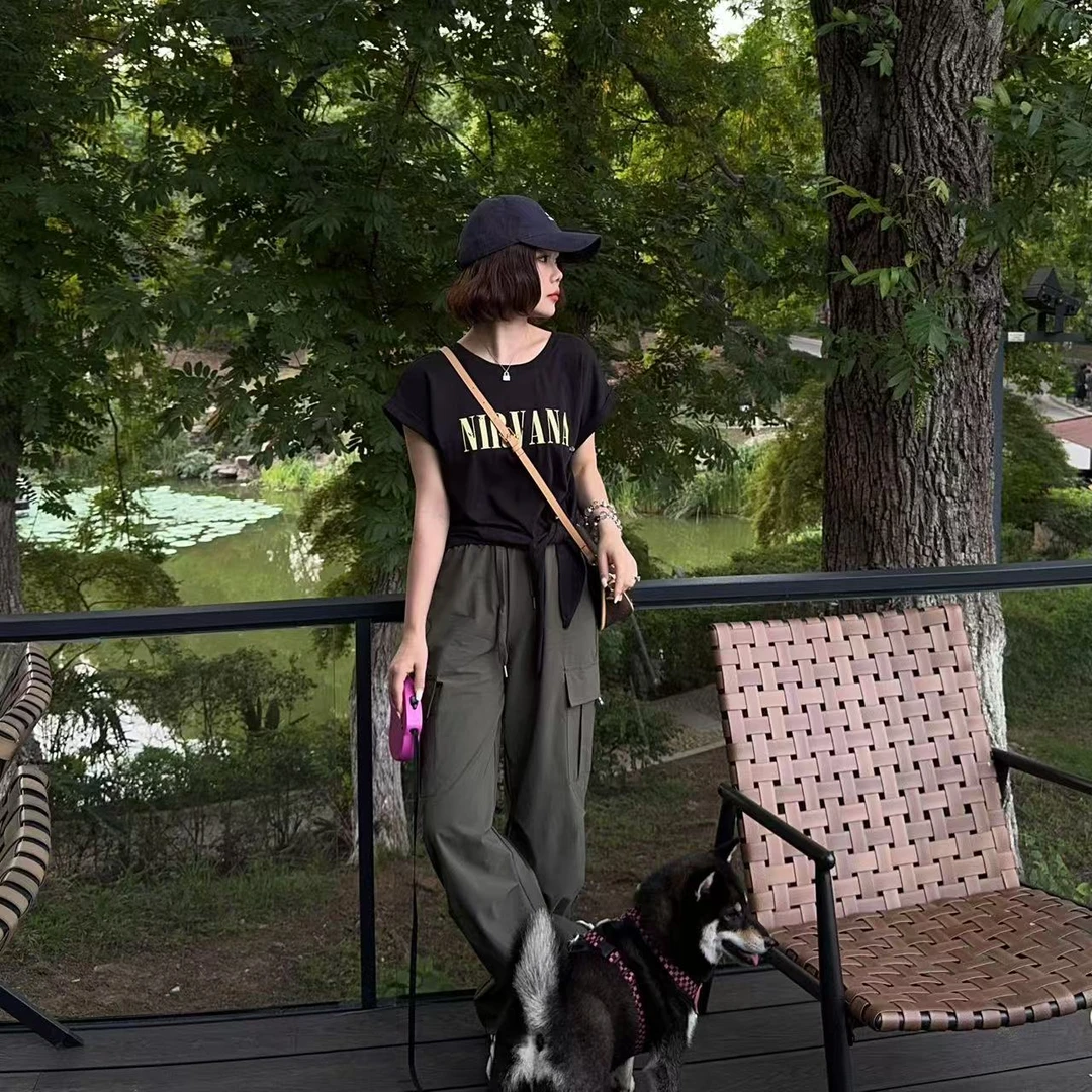 玳妮【字母绑带T】夏季圆领美式字母印花短T恤宽松百搭休闲短袖上衣