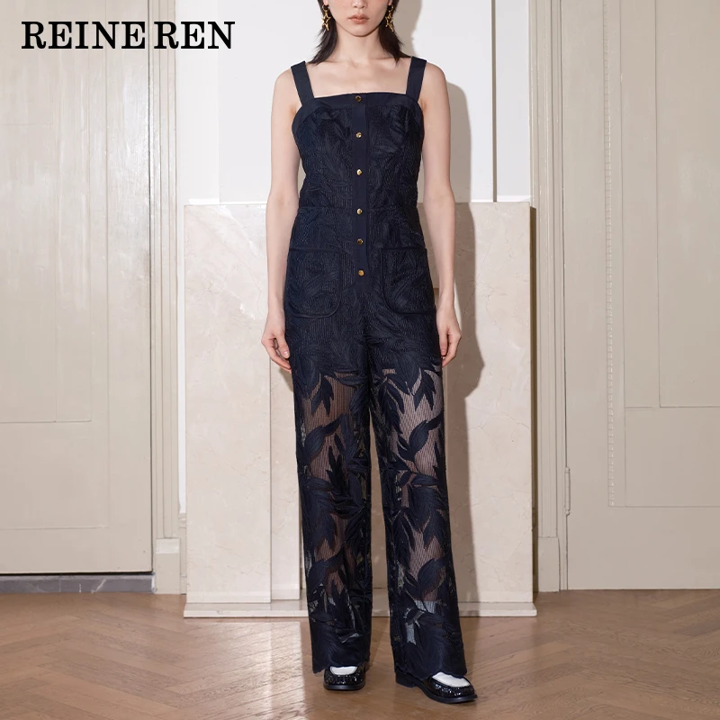 【新品】REINEREN设计师任茜2025春夏黑色透视感花朵吊带连体裤