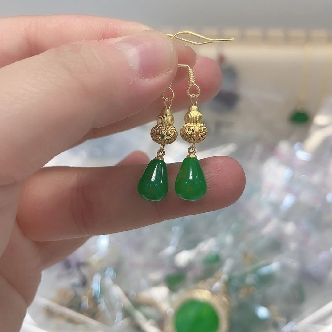 翡翠银S925镀金镶嵌颈饰耳钉