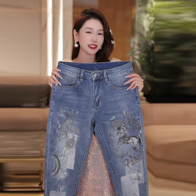 高端印花牛仔裤男士2025夏季薄款潮牌弹力潮流蓝色修身小脚九分裤