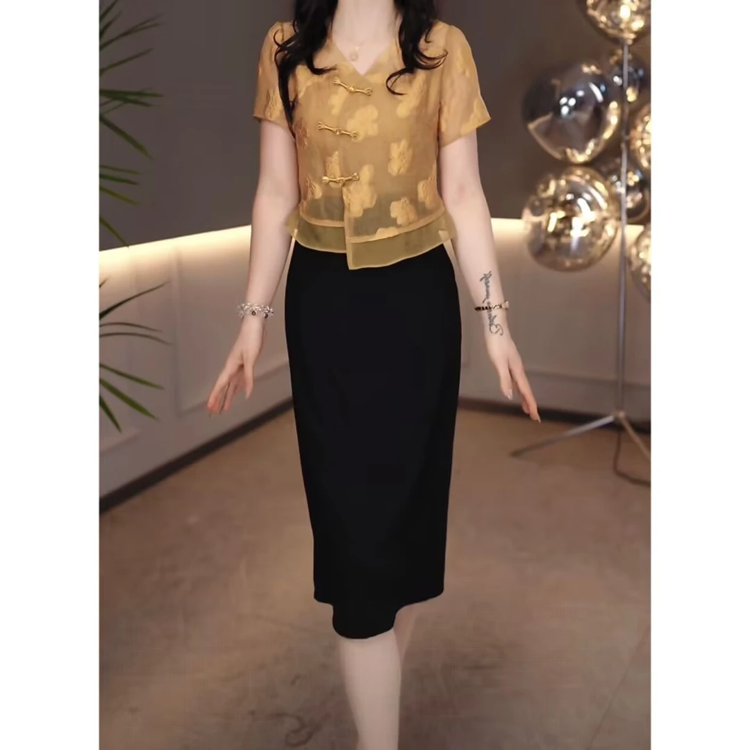 2025夏季时尚新中式气质黄色洋气显白提花遮肚假两件连衣裙M-4XL