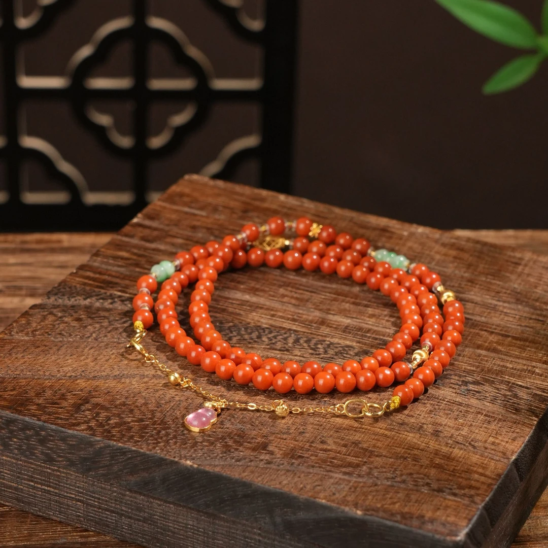 青城山【落日映霞】4mm+南红小米珠项链碧玺葫芦翡翠