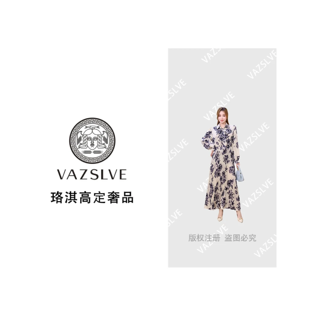 VAZSLVE/珞淇高定秋季新款气质荷叶边收腰植绒印花连衣裙Q25064Q