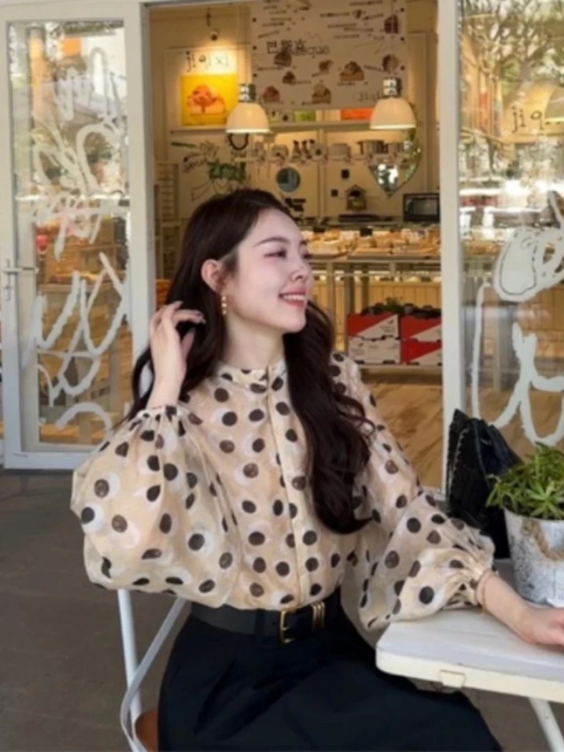 【GIRID AMSS】春秋气质立领宽松泡泡袖波点休闲长袖衬衫上衣