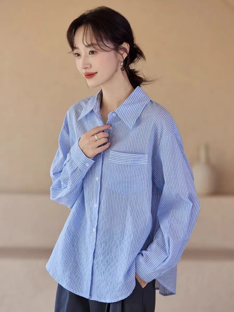 春季长袖通勤衬衫翻领条纹薄款OL衬衫宽松上衣休闲时尚