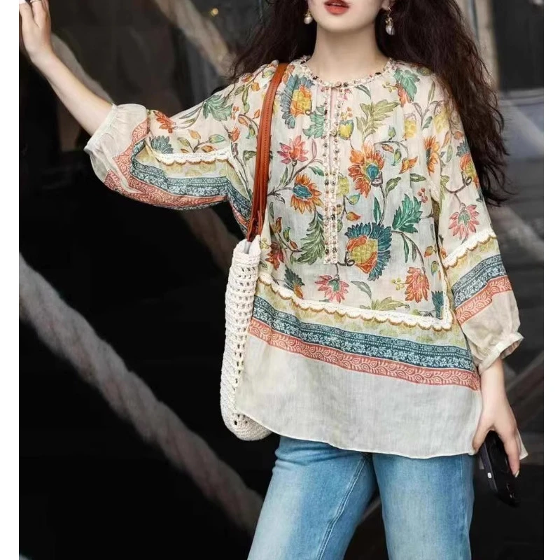 2025民族风复古印花衬衫别致慵懒风宽松通勤穿搭仙气飘飘上衣