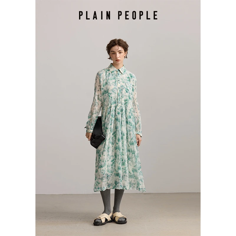 PLAIN PEOPLE法式度假雪纺印花翻领高腰收褶连衣裙绿色2025秋新款