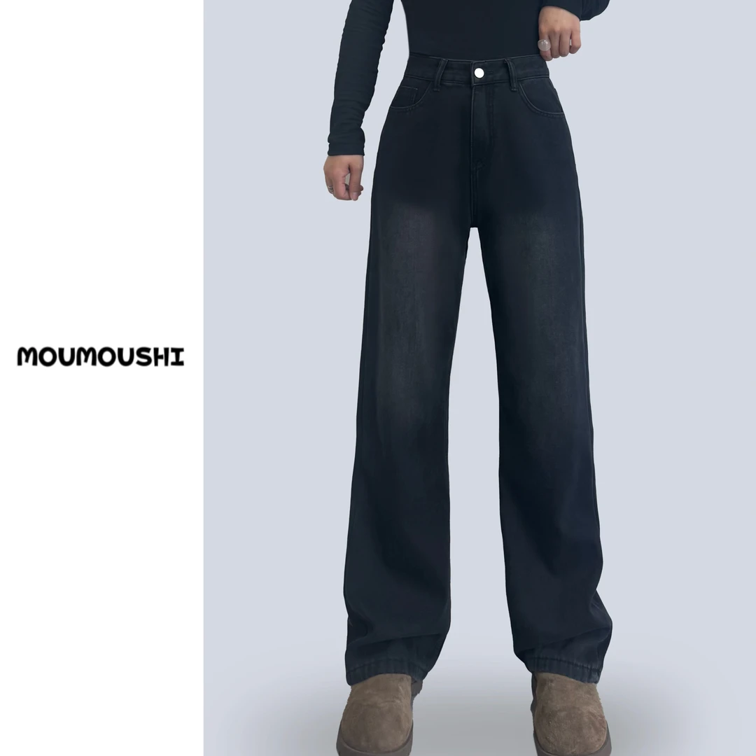 9008-0高端女裤冬季新款复合绒黑色直筒牛仔裤