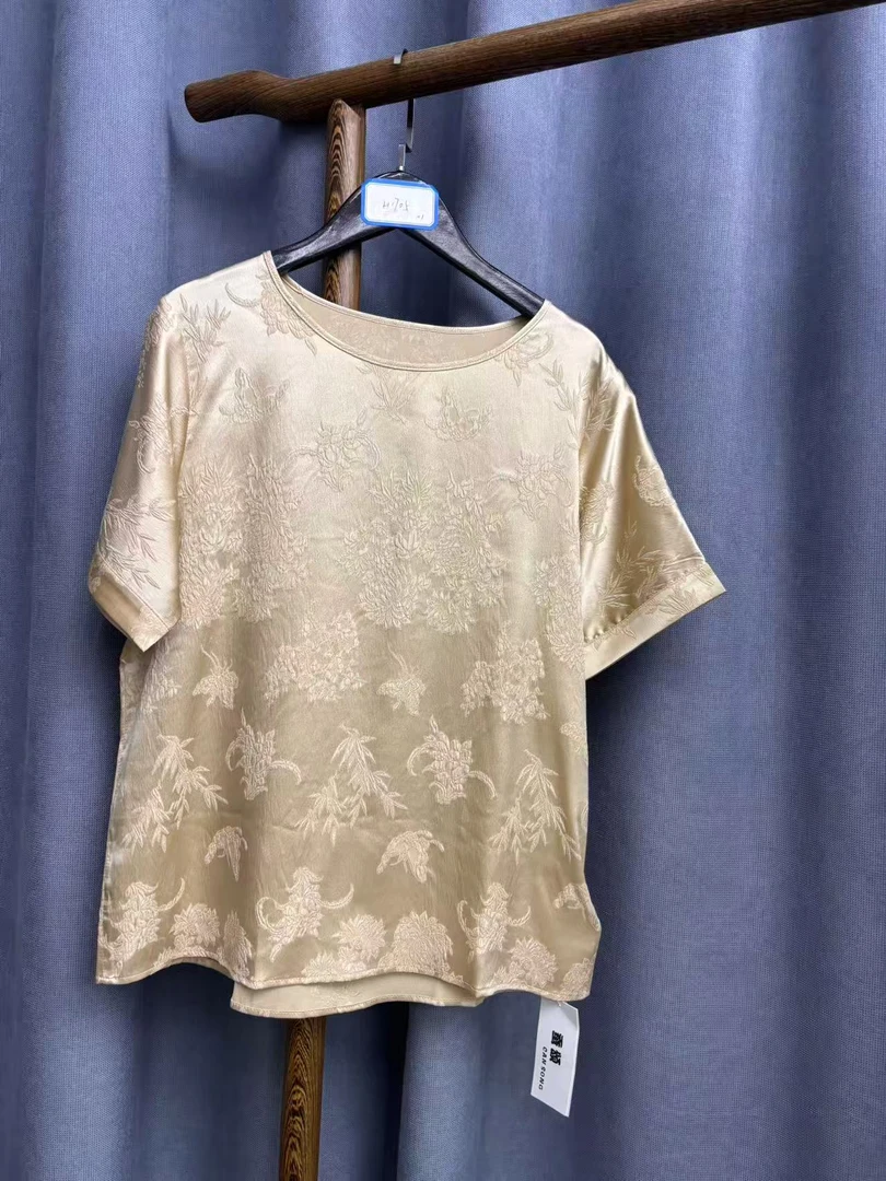 2025夏季新款时尚休闲宽松百搭圆领桑蚕丝上衣短袖女H1705