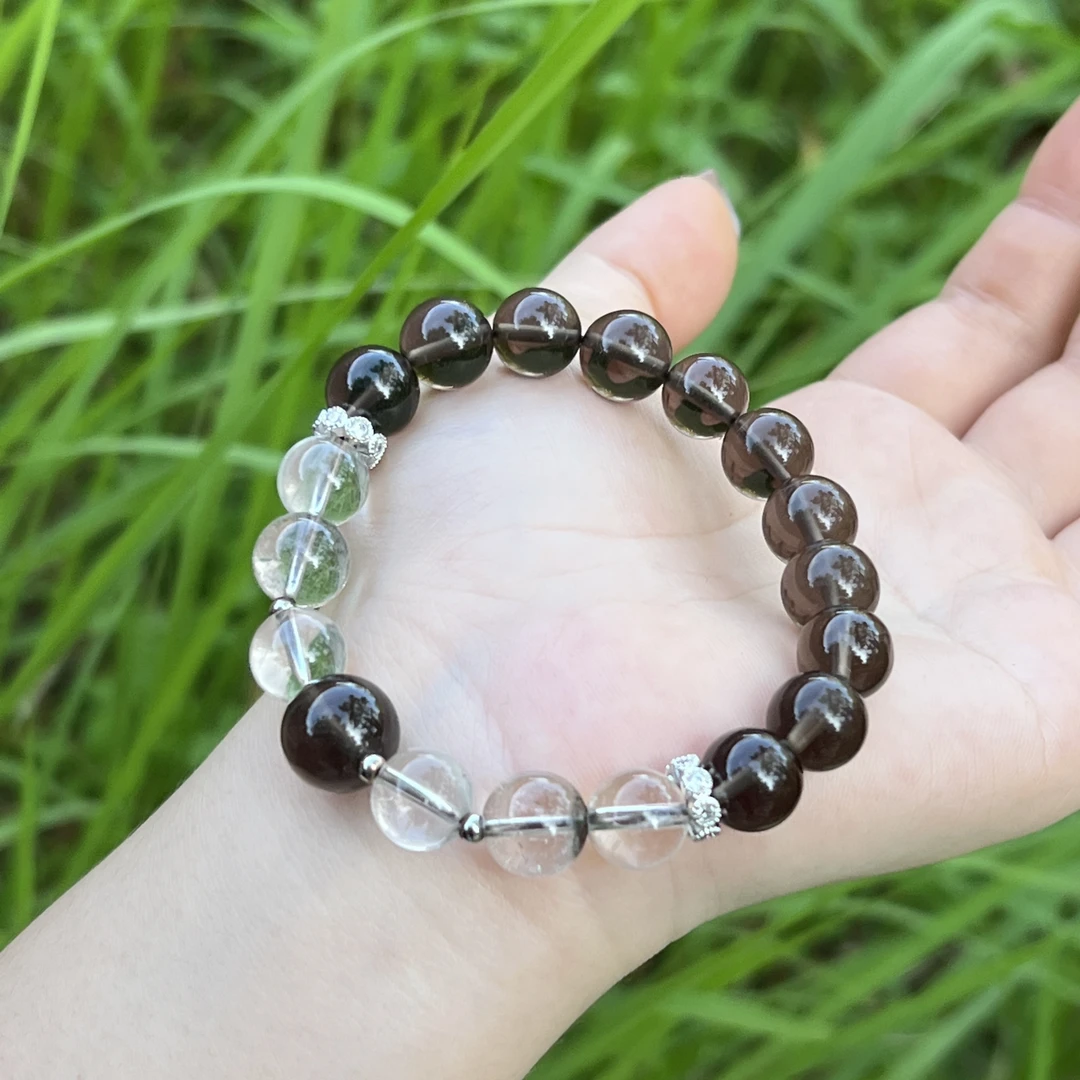 【枯木逢春】天然冰种黑曜石手串白水晶绿幽灵百搭手链女多样性发一